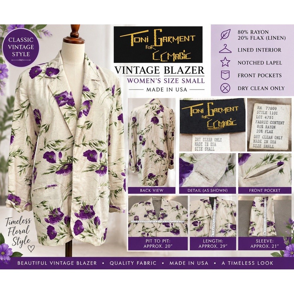Vintage Toni Garment for CC Magic Floral Linen Rayon Blazer Purple Poppy Small